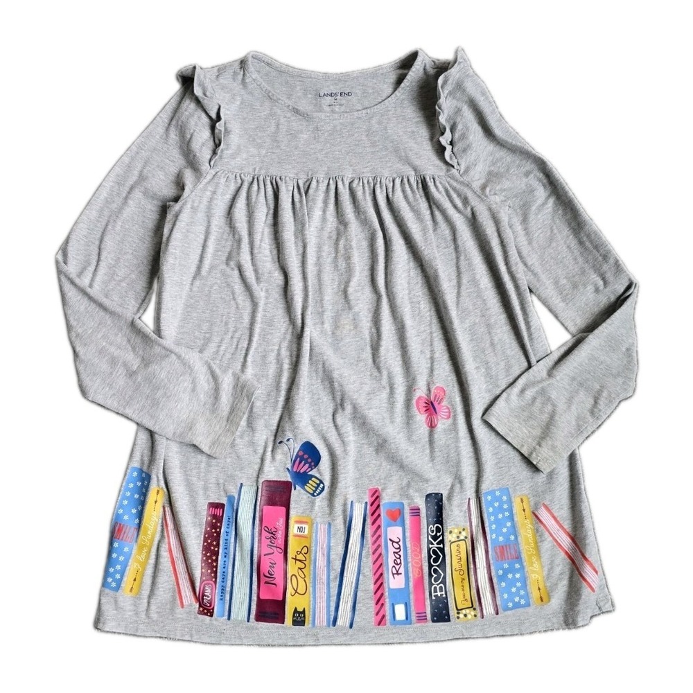 Lands End Shirt Girls Medium 10-12 Gray Long Sleeve Cotton School Book Lover